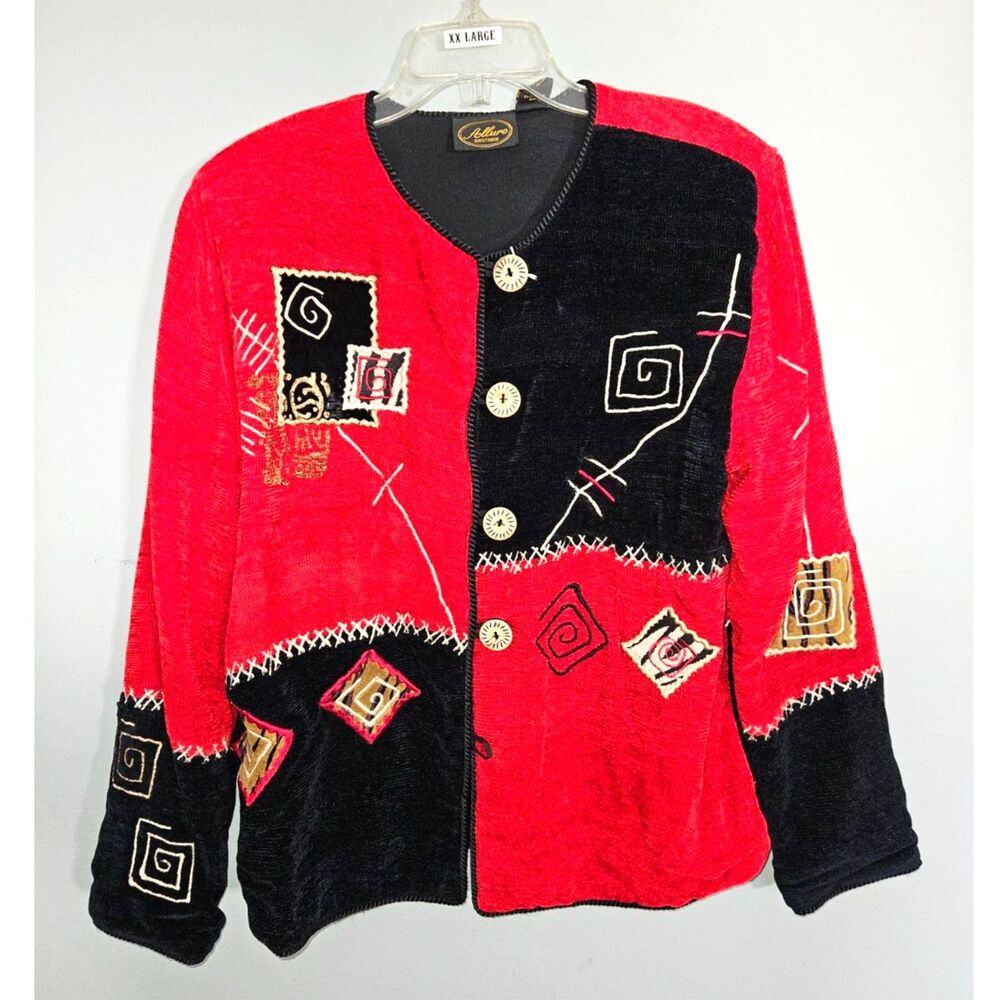 Allure Boutique Red Black Chenille Tapestry Jacket Geometric Embroidered Medium